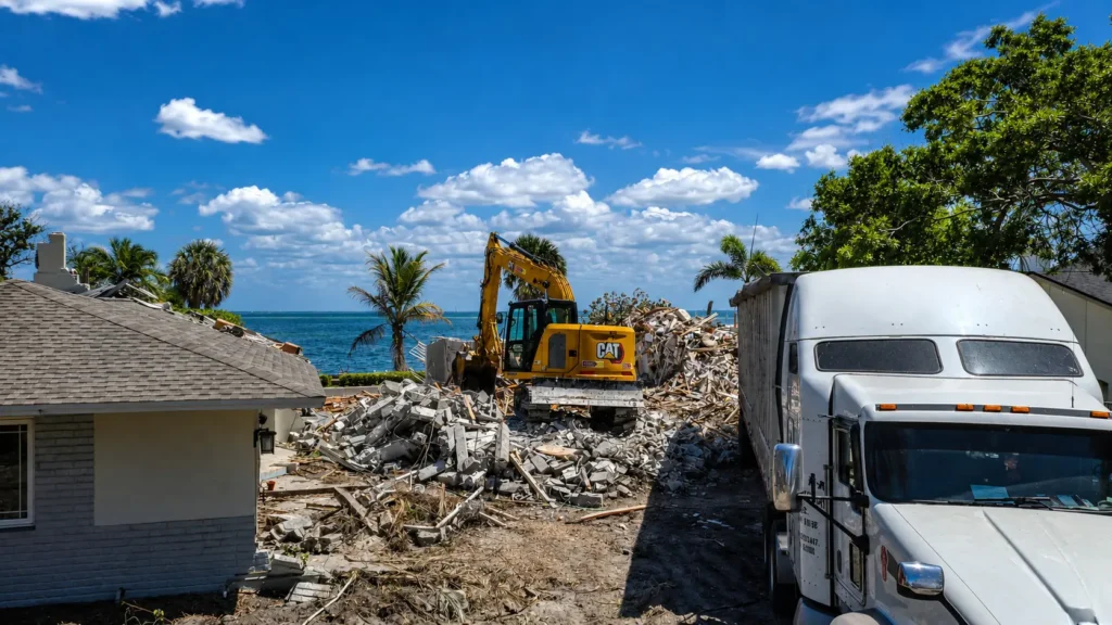 Excavator and haul truck working on a waterfront residential demolition