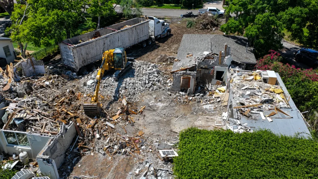 Overhead aerial view of a residential demolition project