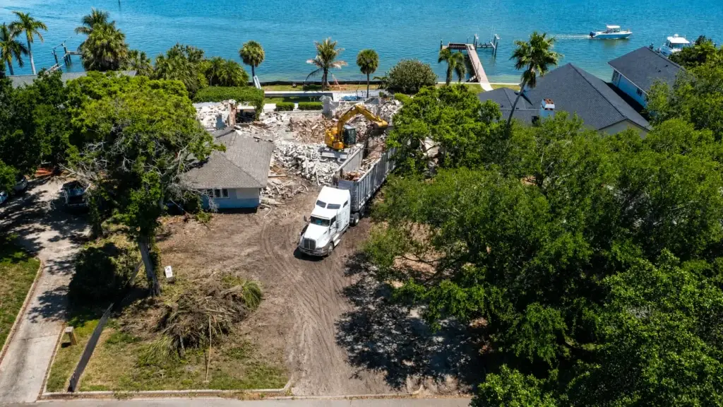 Aerial view of waterfront residential demolition